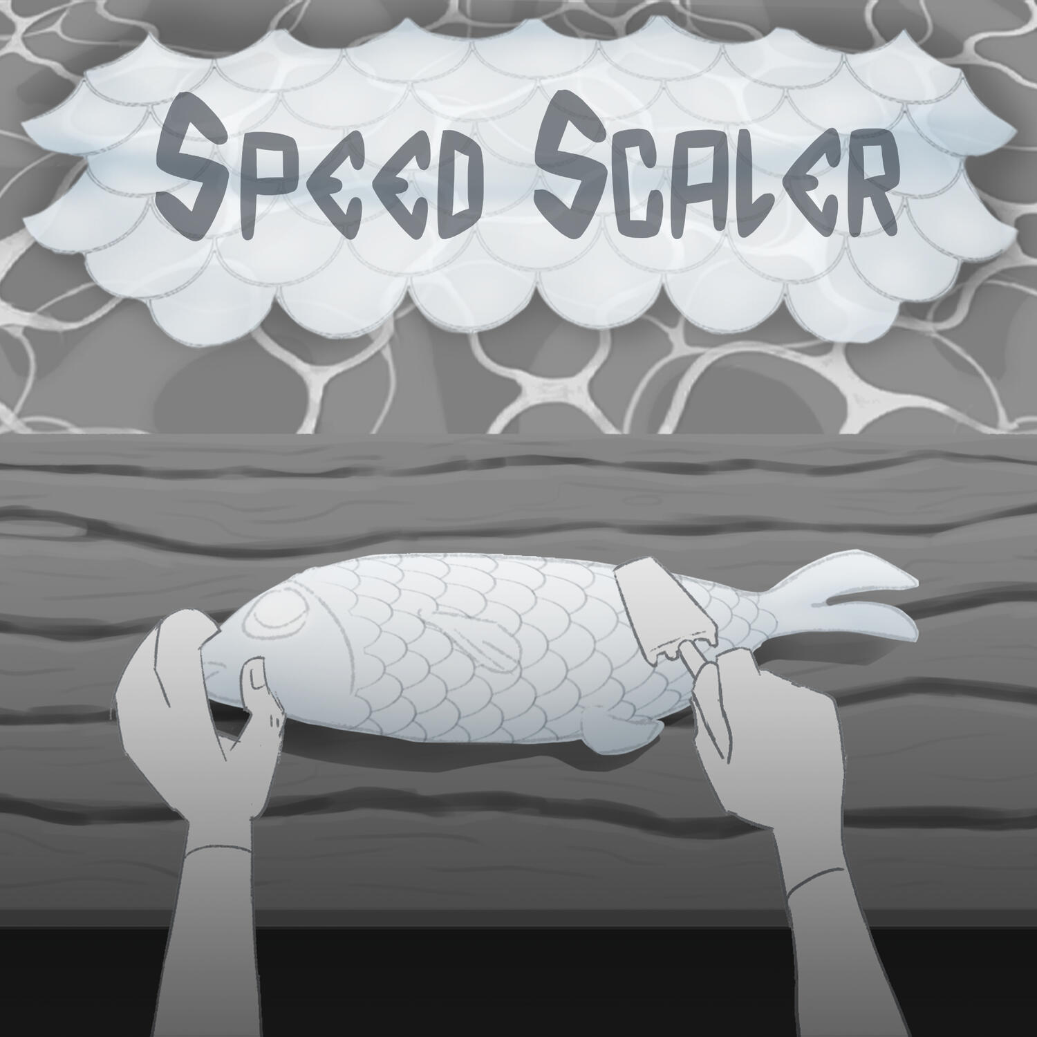Black and white image of a cartoon fish on a counter with the title "Speed Scaler" above it