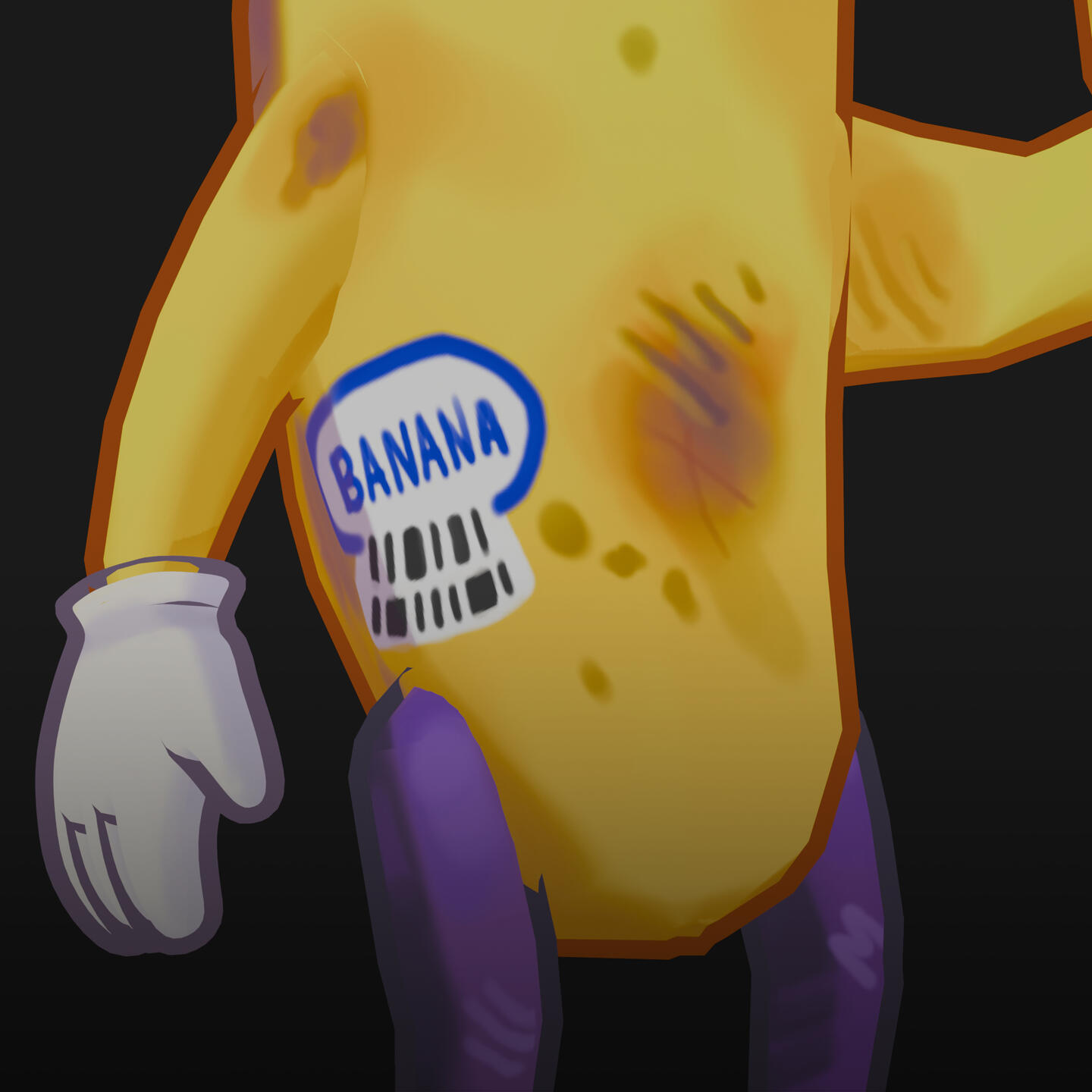 A zoomed in picture of a banana with arms and legs, a banana logo is visible